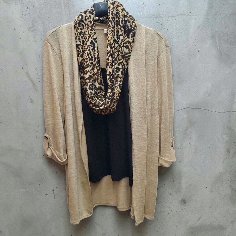 Kim Rogers Lagenlook Sweater Womens Large Black Beige Animal Scarf Minimalist